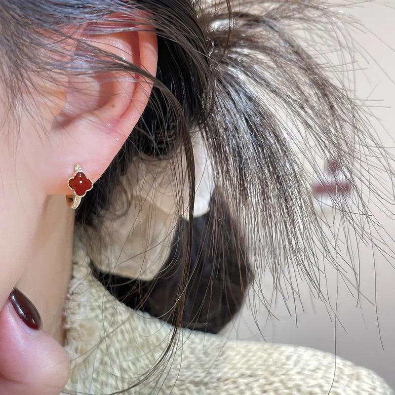 14k Gold-Plated Zircon Flower Earrings: Elegant Red Gemstone French Buckle Jewelry for Women