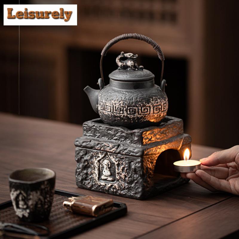 Handmade Wabi Sabi Black Pottery Buddha Tea Warmer Holder Candle Heater Stove Kettle Stand Baked Milk Jar Carbon Furnace Tea Set