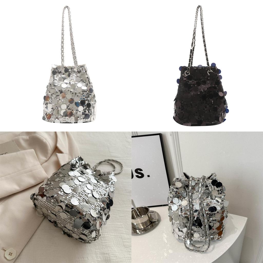 Borsa a secchiello piccola con paillettes e tracolla a catena per stile di strada e uso quotidiano