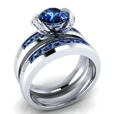 Anelli in argento 925 per donna 2 carati pietra blu anelli con diamanti naturali 2 pezzi taglio principessa set di gioielli per matrimonio e fidanzamento