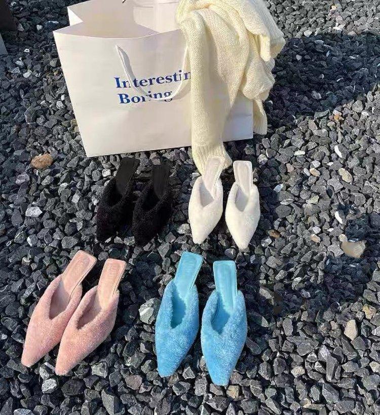 

Fashion leopard print fluffy shoes for women to wear outside autumn and winter new pointed special-shaped medium heel versatile women s half slippers 40 синій