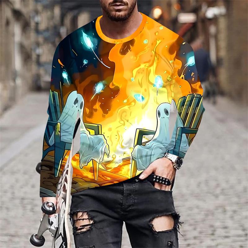 Autumn Round Neck Halloween Ghost and Pumpkin Pattern 3D Printed Top Fashionable Casual Long Sleeved Men's T-shirts
