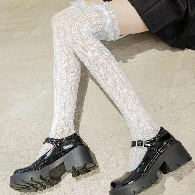 

Женские ажурные гольфы в стиле Лолита, высокие носки в японском стиле с полосатым кружевом и узором выше колена, чулки с оборками и рюшами, каваи One Size белый