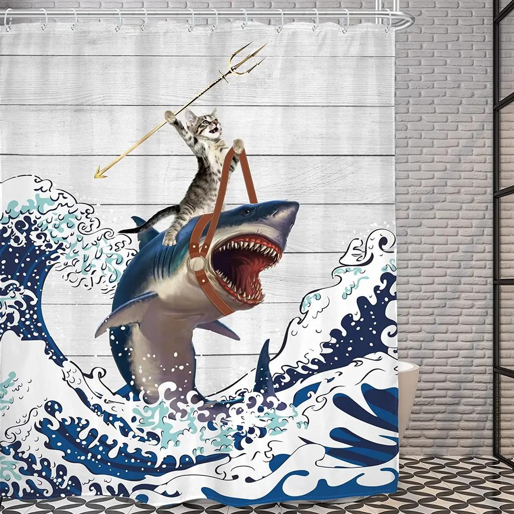Funny Cat Riding Dinosaur Shower Curtains Sea Waves Cute Animals Kids Bath Curtain Polyester Fabric Bathroom Decor With Hooks