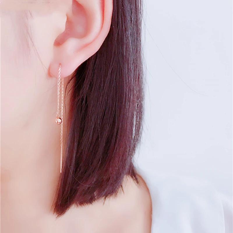 Klasická Jednoduchost Kulaté Lesklé Korálky Rose Gold Pokovené Mědí Dlouhé Náušnice Náušnice s Dvojitými Řetízky pro Ženy Párty Zirkon