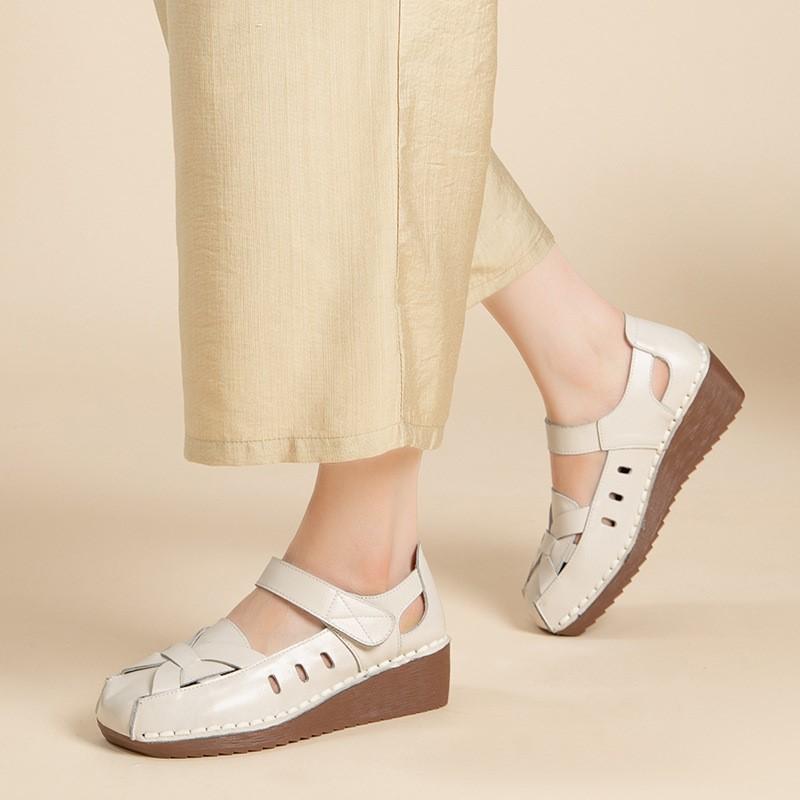 Johnature Retro Wedges Sandals Genuine Leather Breathable Shallow Soft Soled Women's Shoes