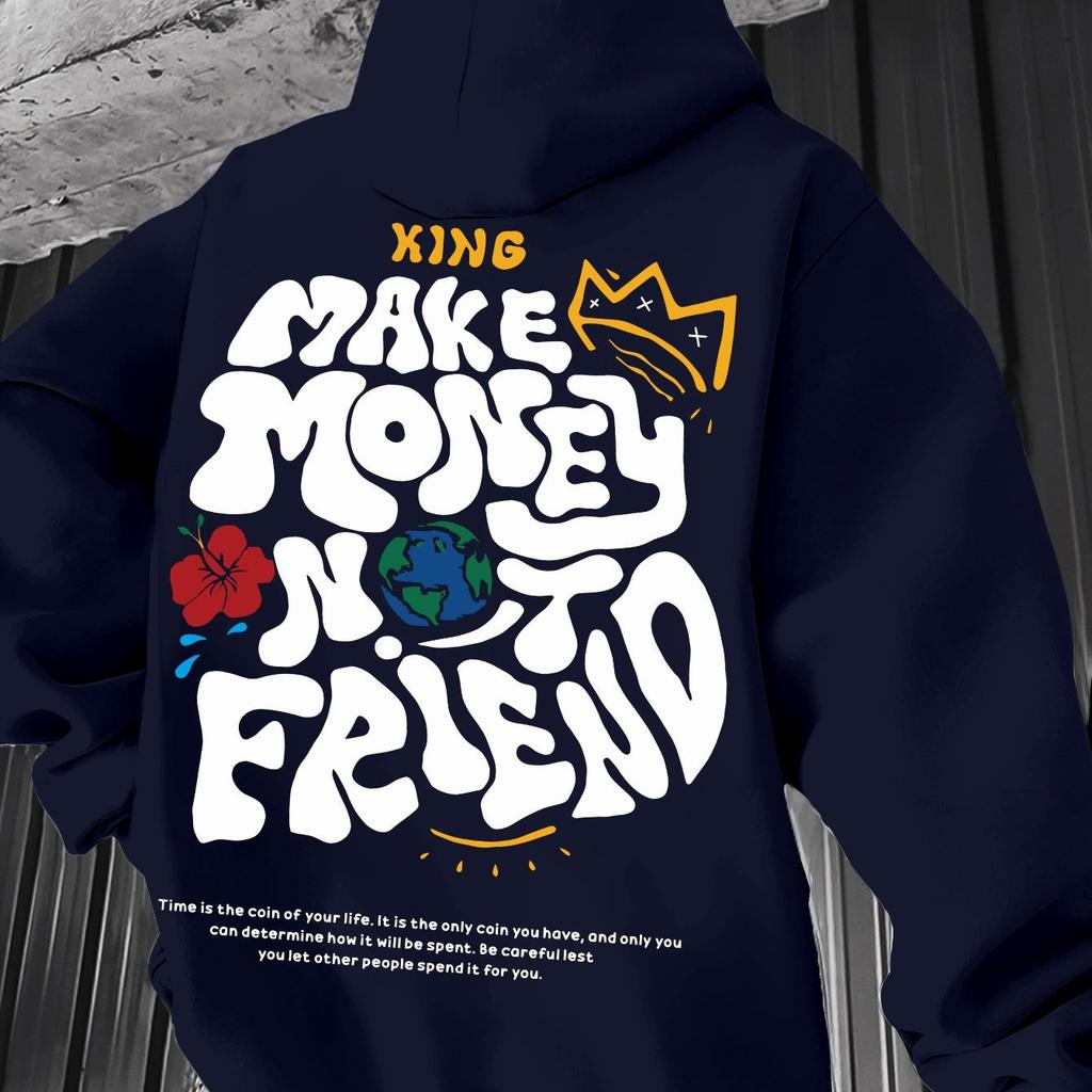 Men's Autumn and Winter Casual Fashion Loose Plus Size Letter Pattern Print Fleece Warm Long Sleeved Hooded Sweatshirt Pullover