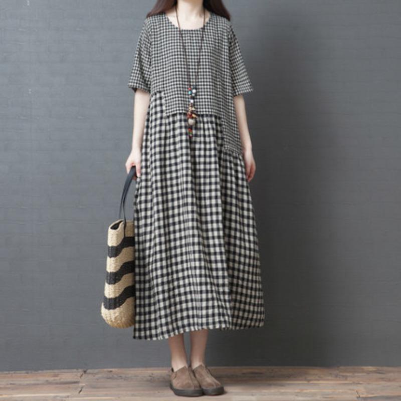 

Summer Loose Cotton Linen Plaid Dress L