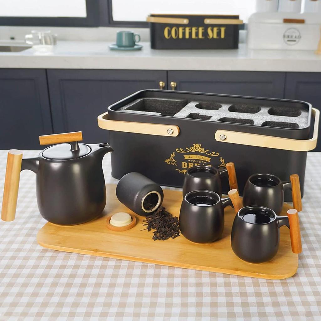SOTECH Tea Set Gift Outdoor Stylish Portable Travel Tea Utensil Wooden Metal Box Black Porcelain Tea Cup Cute Tea Storage Tea Chinese Tea Travel