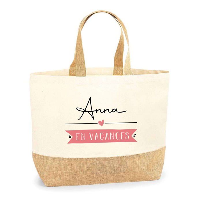 Tote bag / Cabas de plage - PLANETEE - Anna en Vacances - Jute naturel - Fabriqué en France - Multicolore