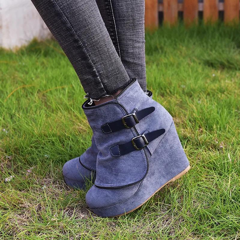 2025 Modern High-heel Boots for Women Ankle Wedges Suede Ladies Shoes Splicing Fake Zip Belt Buckle Height Increasing Daily Wear