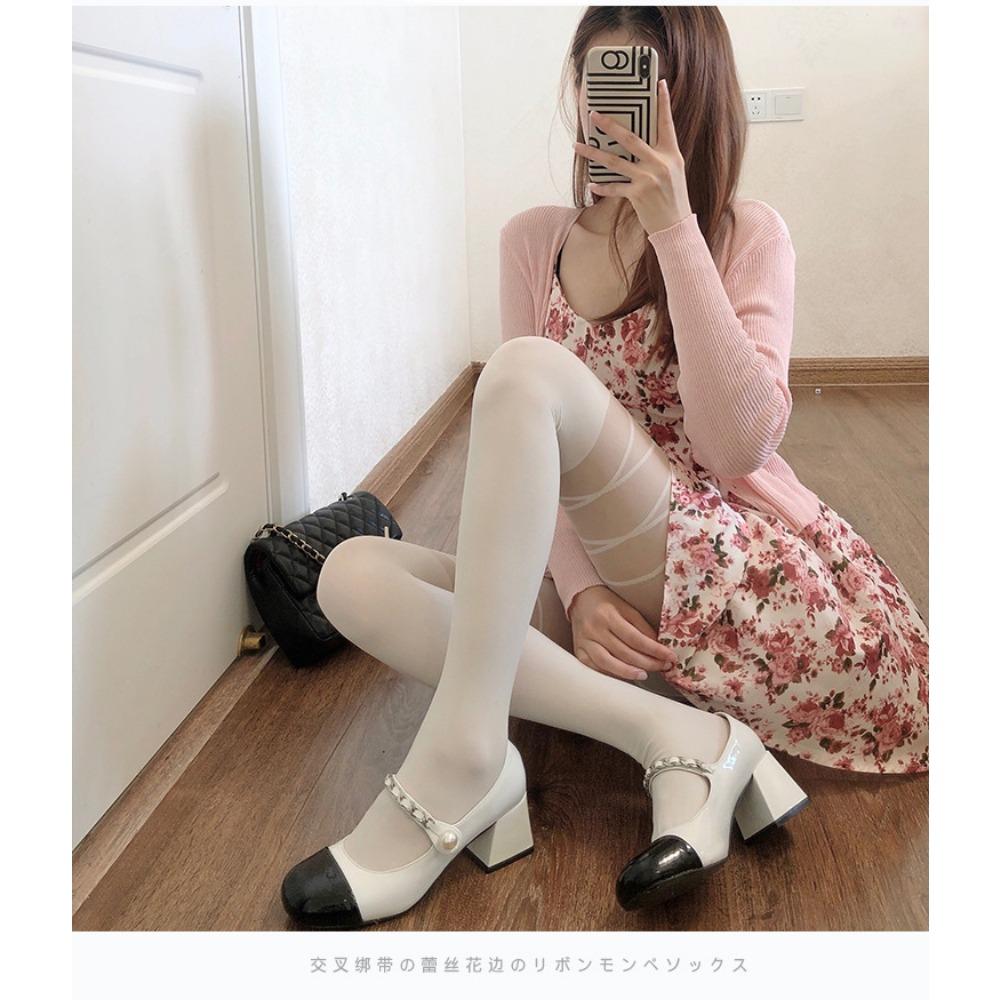 Japanese Jk Black Fake Thigh Pantyhose Autumn White Strap Bow Fake High Socks Splicing Socks Women