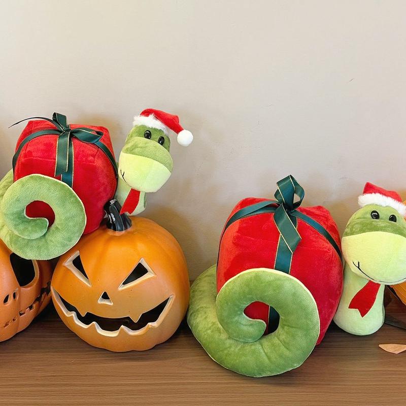 Fun Cartoon Christmas Snake Stuffed Doll Carrying Gift Box Christmas Hat Green Snake Stuffed Toy Holiday Home Decoration