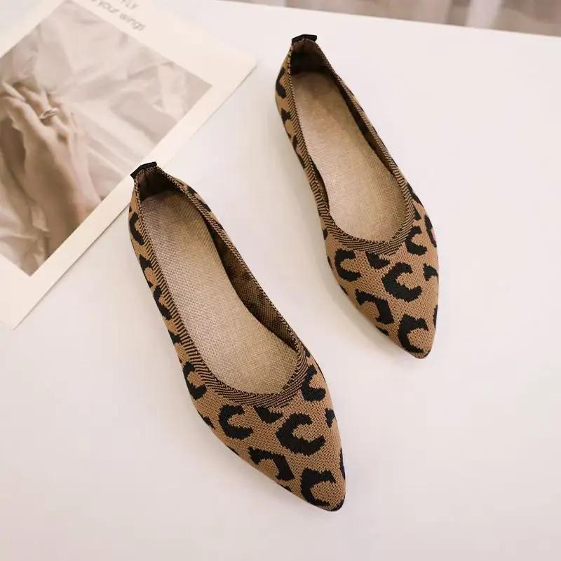 New Woman's Spring Summer Leopard Print Mesh Flat Sole Shoes Soft Sole Light Pointed Toe Ballet Shoes Slip On Slip On Nude Shoes