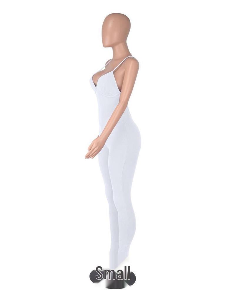 Women's Solid Color Ribbed Backless Camisole Jumpsuit with Chest Pad - Casual Yoga Wear