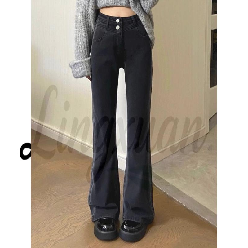 Women s Spring 2026 Retro Black Wide-Leg Micro-Flare Denim Pants Large