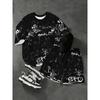 Herren Sommer Personalisierter Graffiti-Print Bequemes Atmungsaktives Rundhals-T-Shirt mit Kordelzug Shorts Set Outdoor Freizeitkleidung