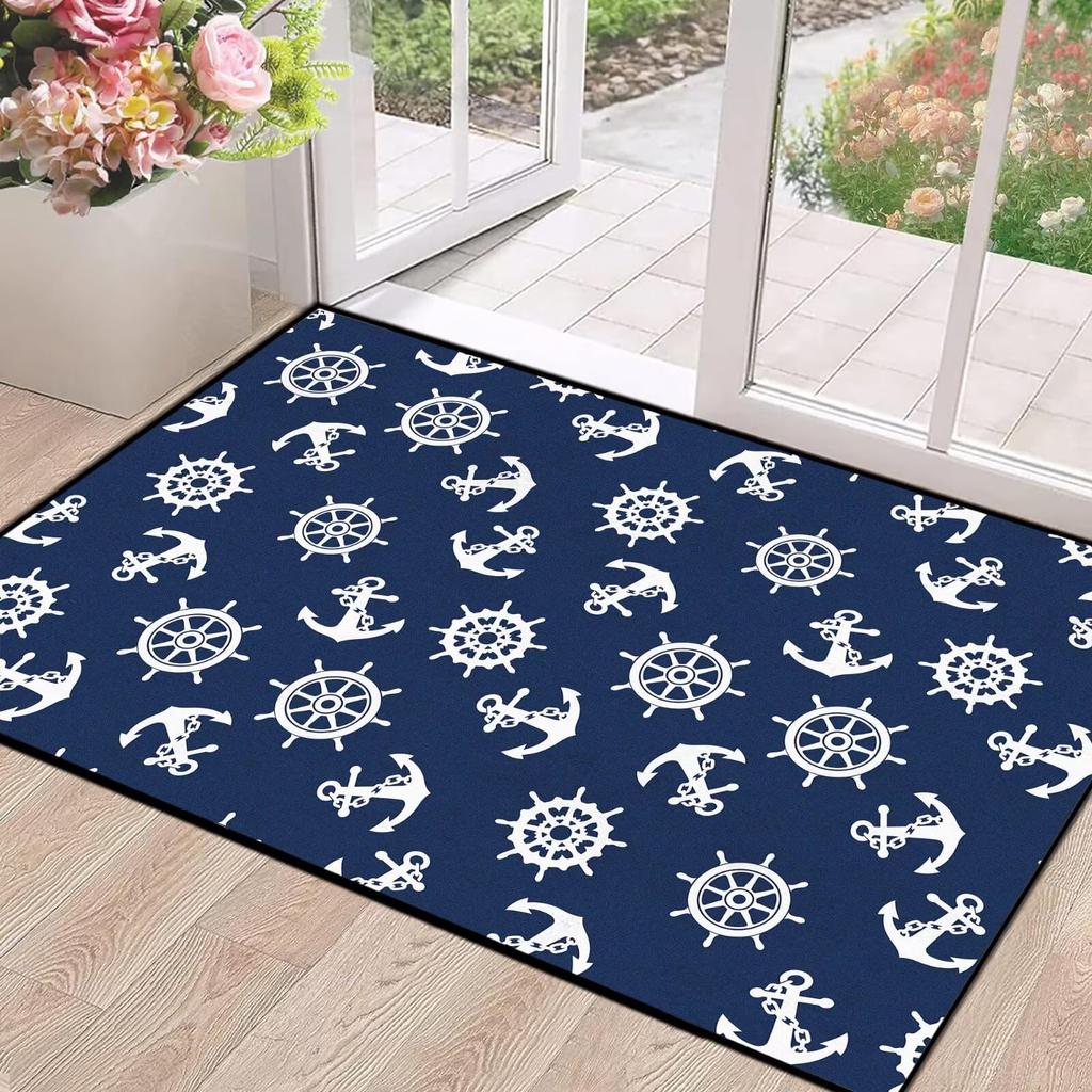 Dark Navy Nautical Rug, Anchor Ship Wheel Vintage Sailing Marine Pattern,Non-Slip Washable Mat for Living Room Sofa Dining Decor