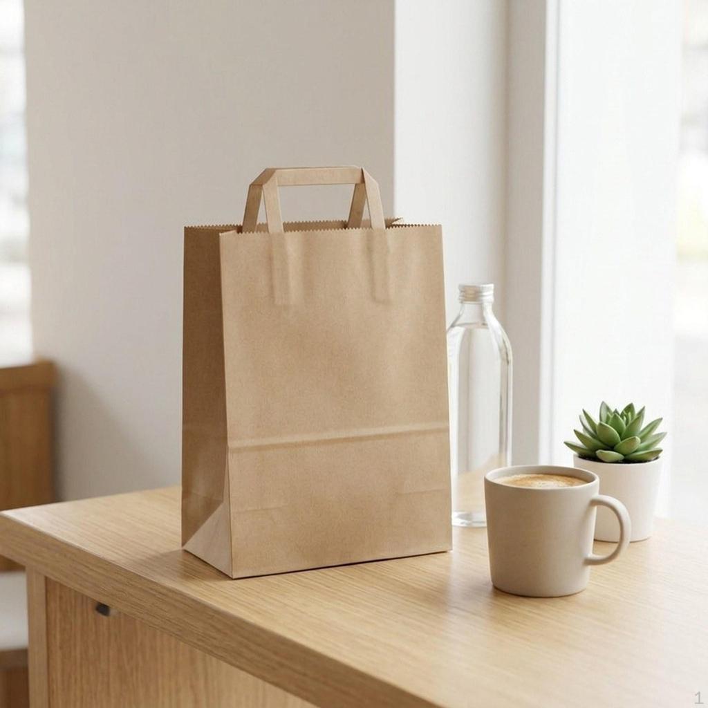 50 Brown Paper Bags with Flat Handles, Bottom Gift Bags, Reusable And Suitable for.