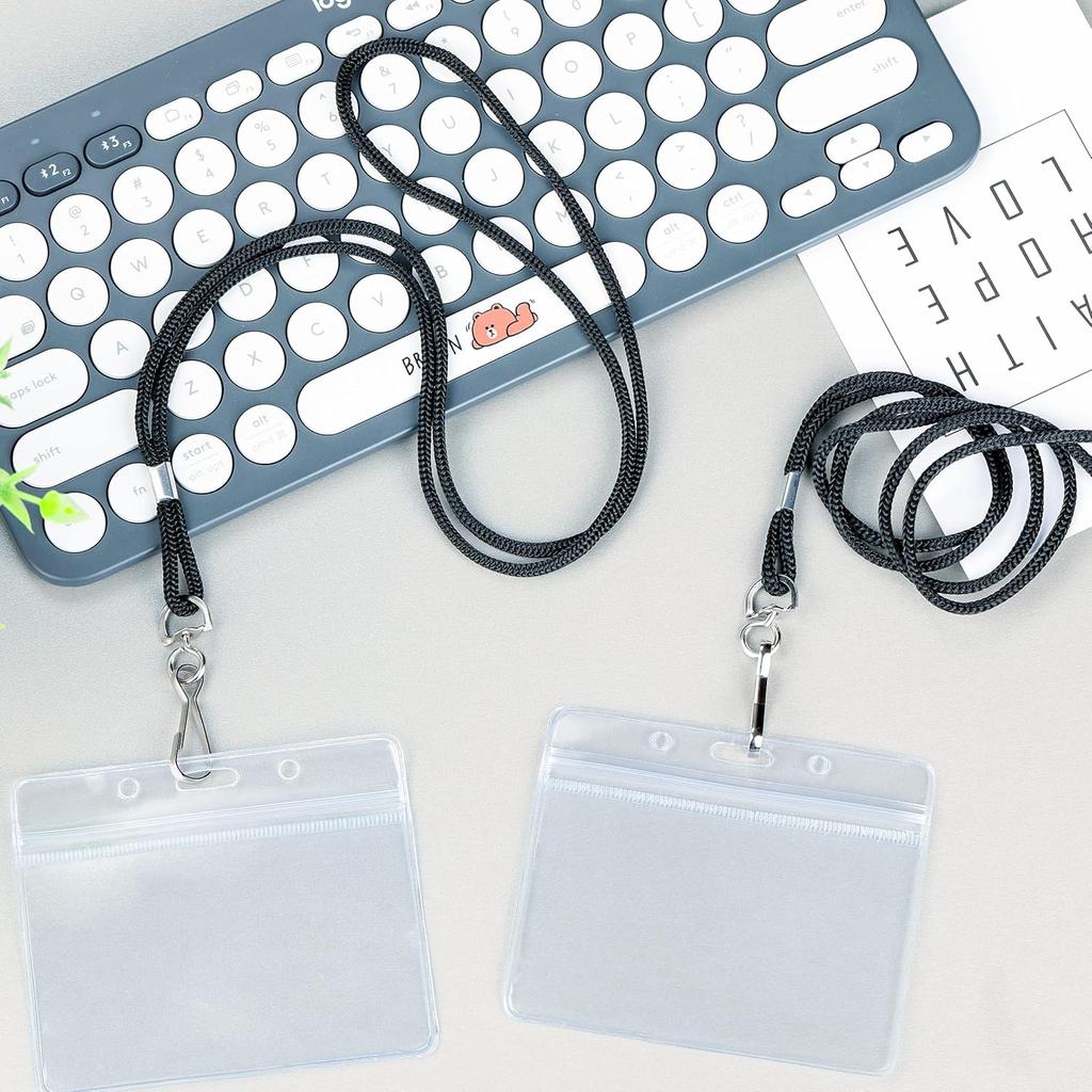 50 Clear Plastic Horizontal Name Tags Badge ID Card Holders and 50 Black Lanyards with Swivel Hook