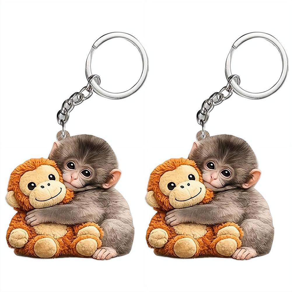 1/2 Packs Punch Monkey Keychain Acrylic Cute Baby Monkey Key Ring Team Punch Plush Keychain Hanging for Backpack, Purse, Car Key