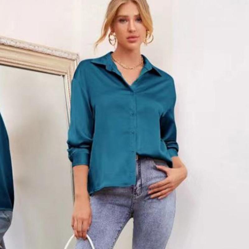 Camisas Casuales Holgadas de Manga Larga de Moda para Mujer Primavera y Verano Nuevo Blusas Tops de Oficina para Señoras Abotonadas Solapa Sólido Simple Slim Camisa de Mujer 26257