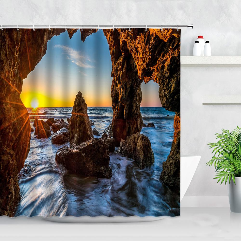 

Tropical Landscape Shower Curtain 3D Open Window Ocean Beach Starfish Shell Palm Tree Scenery Waterproof Bathroom Decor Curtains W60H190(CM)-1 Pcs