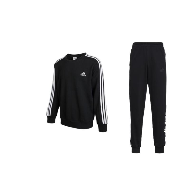

Adidas Essentials Logo Embroidered Striped Long Sleeve Top Comfortable Mid Waist Long Pants Casual Sports Set Men sets Black GD5473+IC9317 L