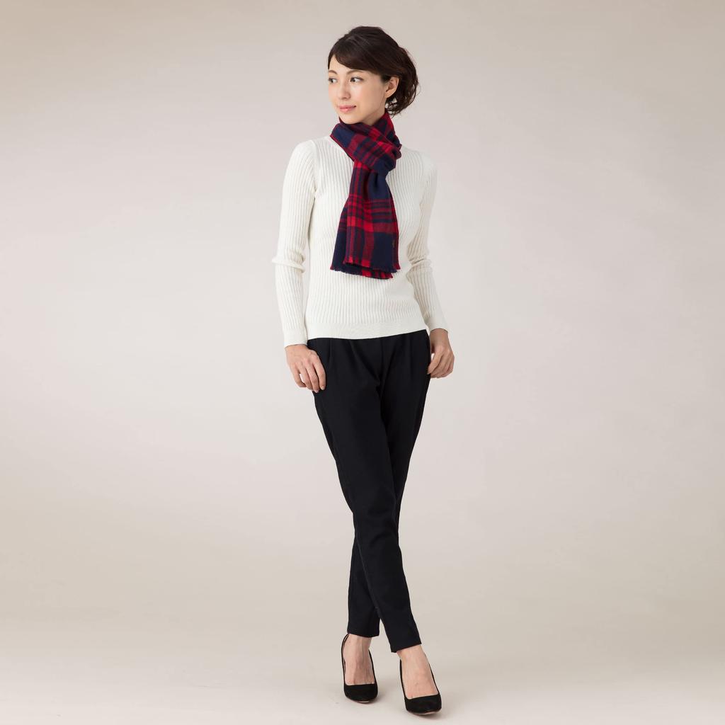Cashmere Thick Check Red X Gift Boxed [Pashmina Collection] 100% Scarf, 33x170cm, Navy,