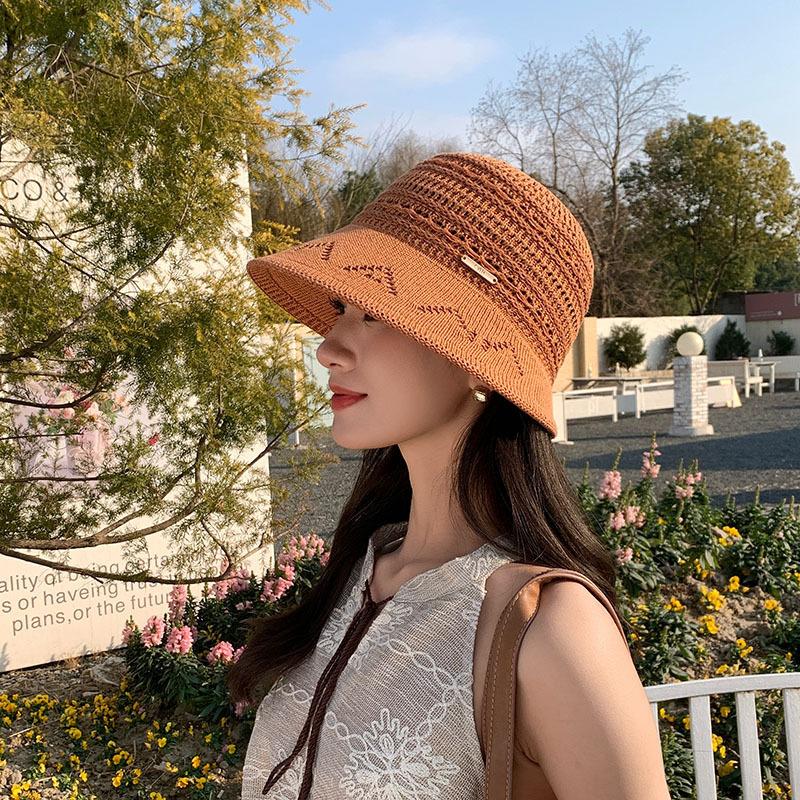 Hollow Woven Bucket Hat Women'S Summer Sunscreen Sun Hat Show Small Face Travel Beach Basin Hat Fashion
