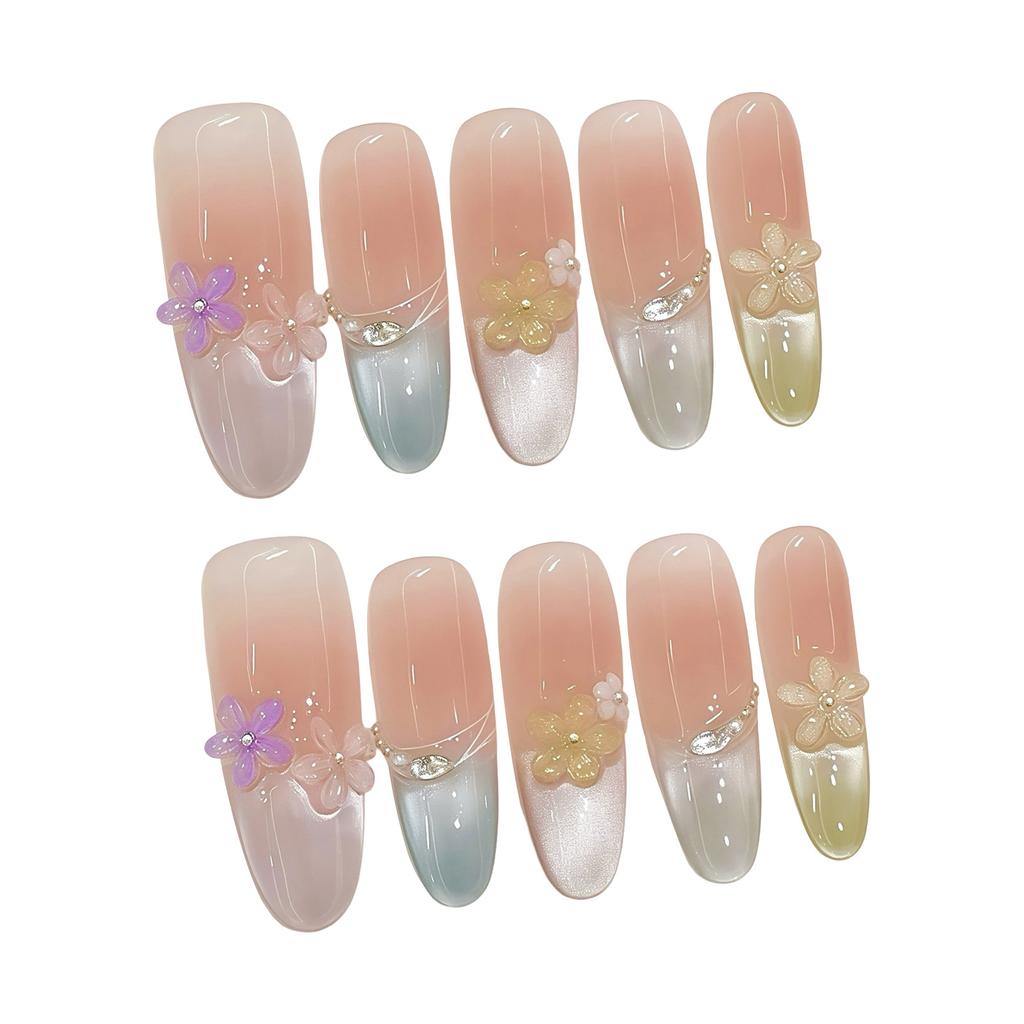 French Style Seven Color Cat Eye Crystal Flower Handmade False Nails 10PCS for Women