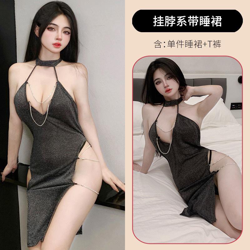 Sexy Lingerie, Backless Deep V Split Silver Chain Shiny Dress Passion Bed Flirting Attack Dress