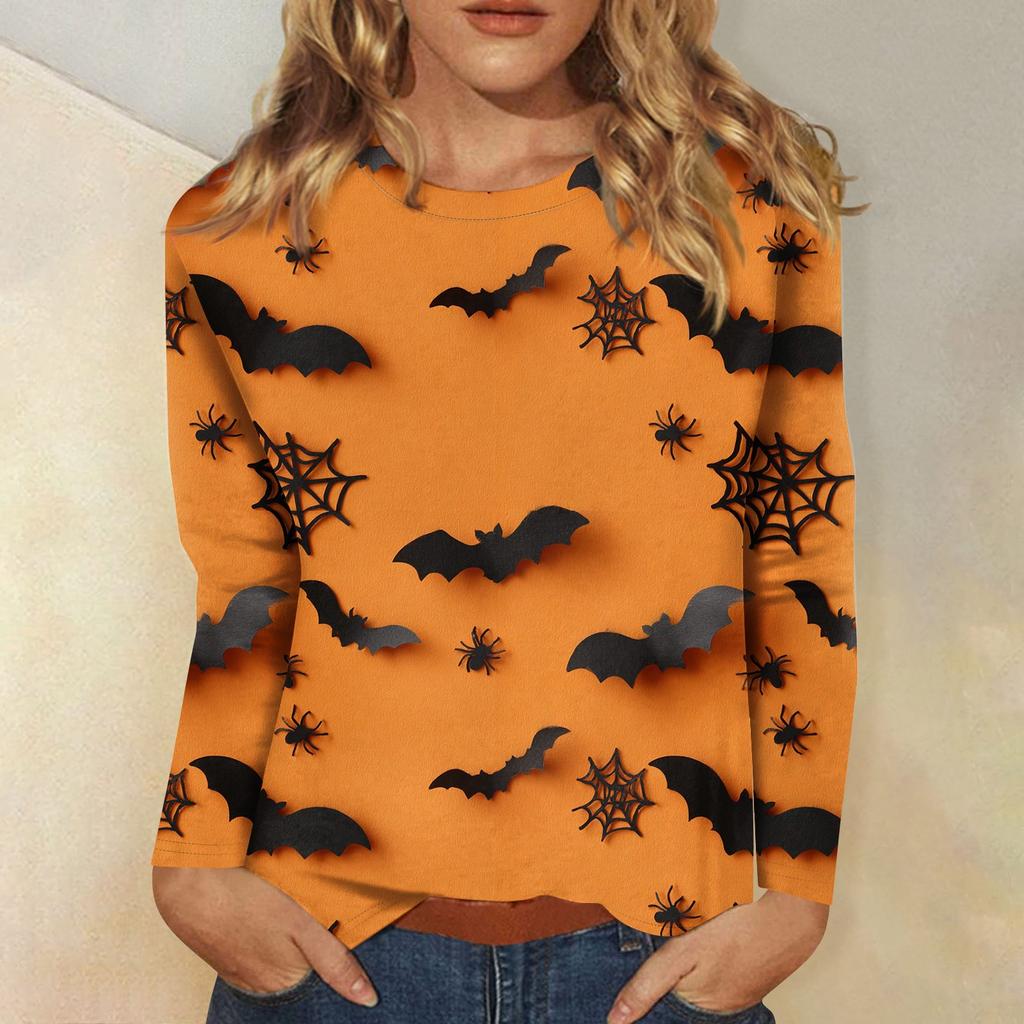 Women's long-sleeved loose-necked Halloween print casual top , suitable for holiday parties