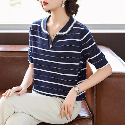Damen Sommer gestreiftes Strick-Poloshirt