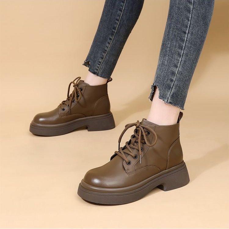 British-Style Women's Vintage Leather Lace-Up Martin Boots - Height-Increasing, Wide-Foot, Short French Design