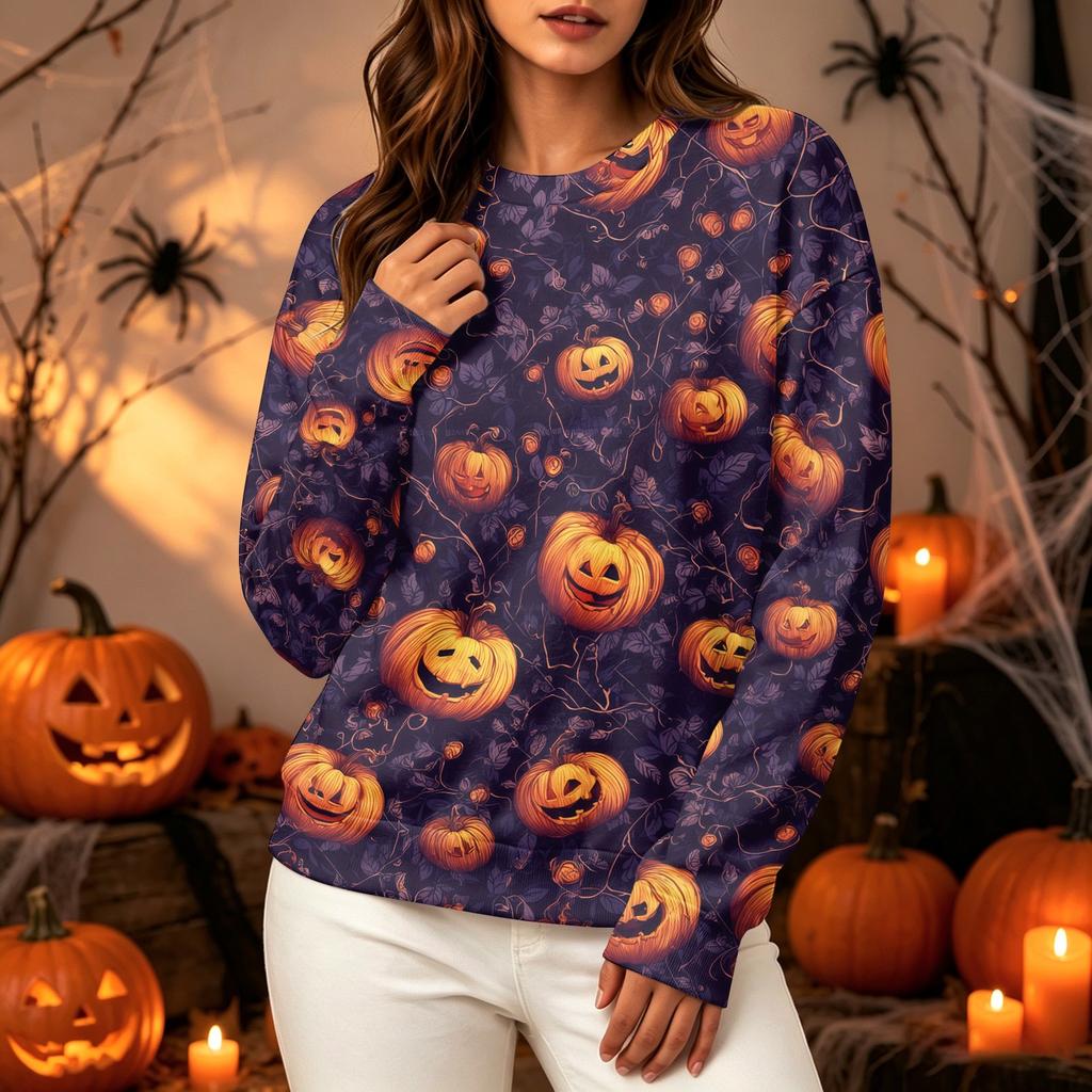 Women's Halloween Print Long Sleeve Neck Sweatshirt Top for Casual Wear