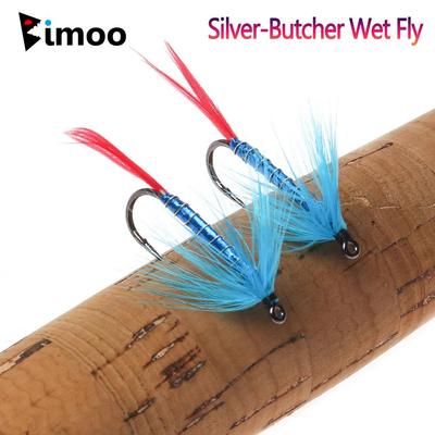 Bimoo 4 # Blau Rot Silber-Metzger Fly Rooster Hackle Realistische Mai Fliege Erwachsene Nymphe für Forelle Äsche Angeln Lockt