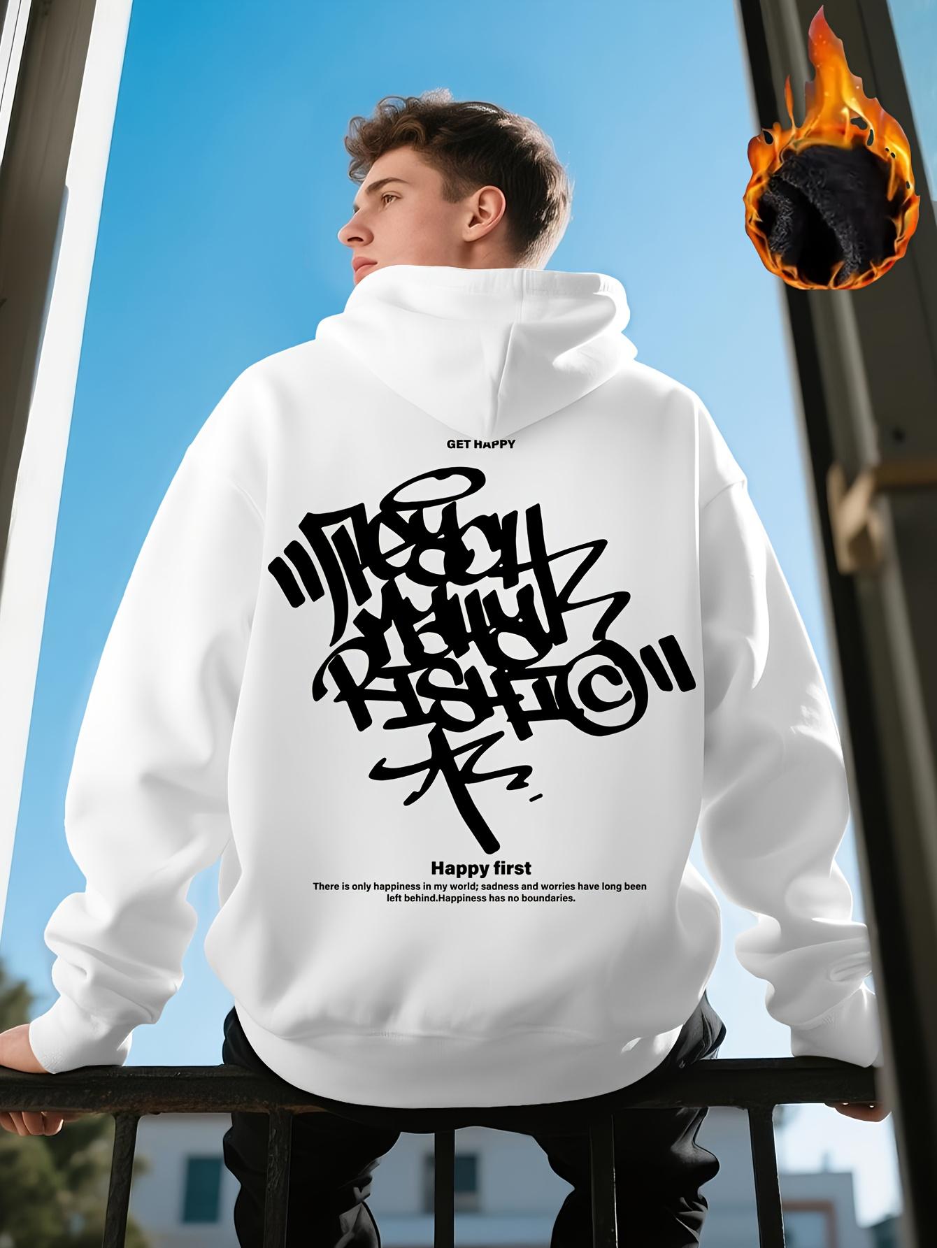 

Men s Hoodie with White Graffiti Text - Loose Fit Street Pullover, Drawstring Hoodie S