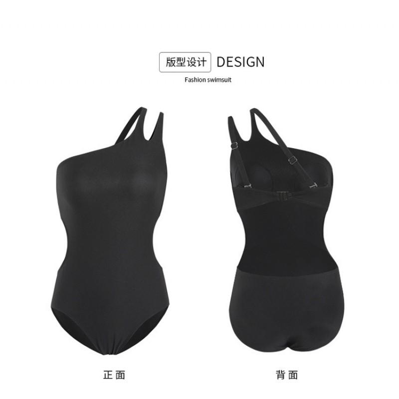 Womens Solid Color One Shoulder High Cut Swimsuit With Steel Bra Support Slim Fit Bathing Suit Pool Beach Swim