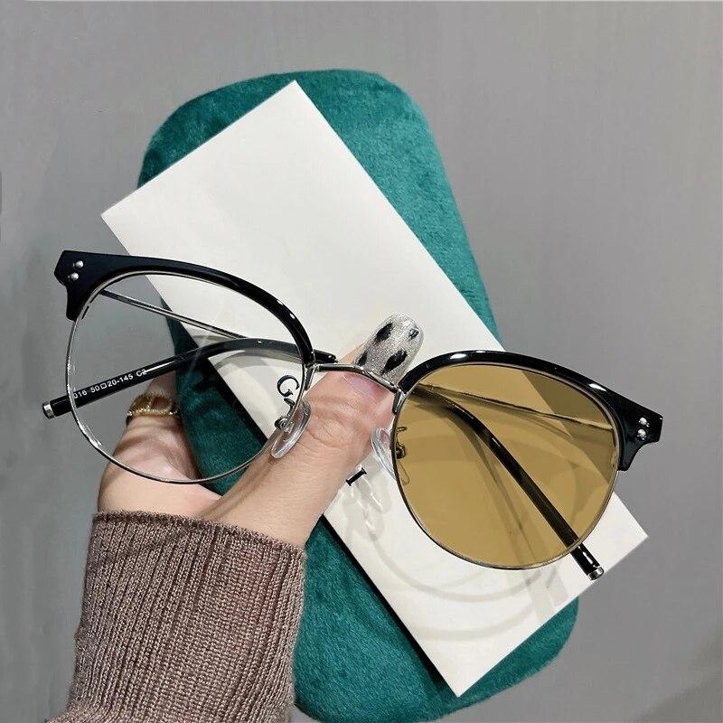 Modische photochrome Sonnenbrille für Damen, Retro, für Kurzsichtigkeit, Myopie, Unisex, Vintage, runder Rahmen, Blaulichtfilterbrille