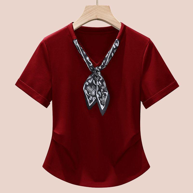 Plus Size Korean Silk Scarf Patchwork Slimming T-shirt for Women - 2025 Summer Fashion Short Sleeve Top