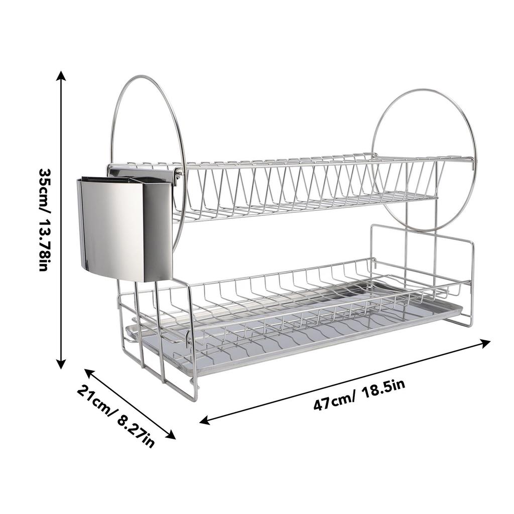 2 Tier Dish Drying Rack Stainless Steel Double Layers Dish Drainer with Cutlery Holder for Kitchen Storage