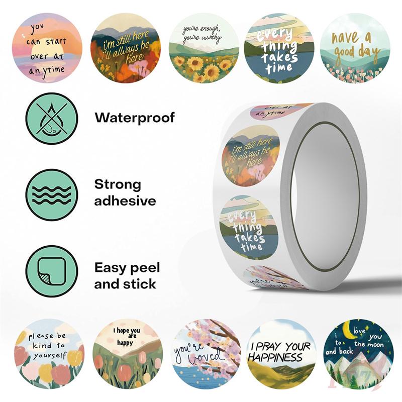 500Pcs/Roll Healing Scenery. Encouraging Words Kids Rewards Stickers - DIY Scrapbooks Album Decor Sealing Label Decals