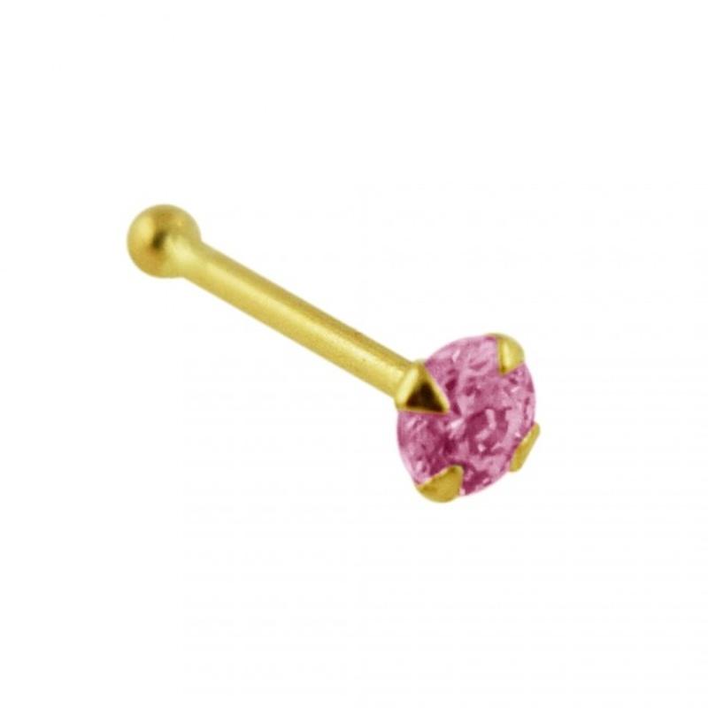KODY PIERCING 14K Gold Ball End Pink Stone Nose Pin - Quality Piercing