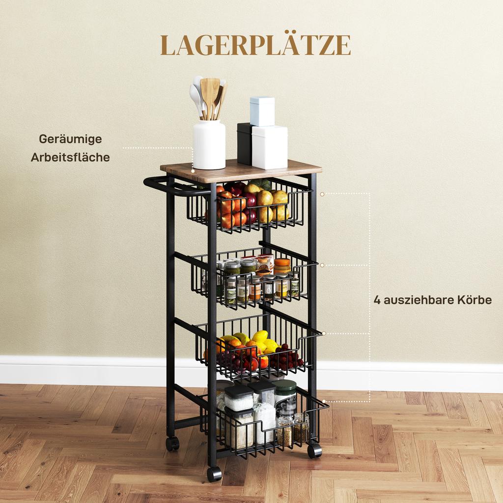 Four Basket Mobile Kitchen Island, with Brakes - Oak/Black