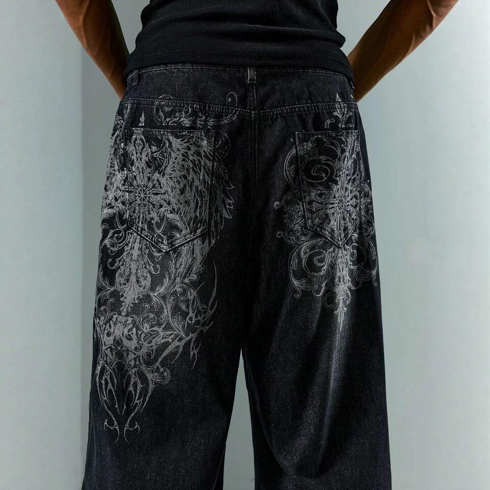 European and American street new pattern printing jeans retro street trendy straight jeans