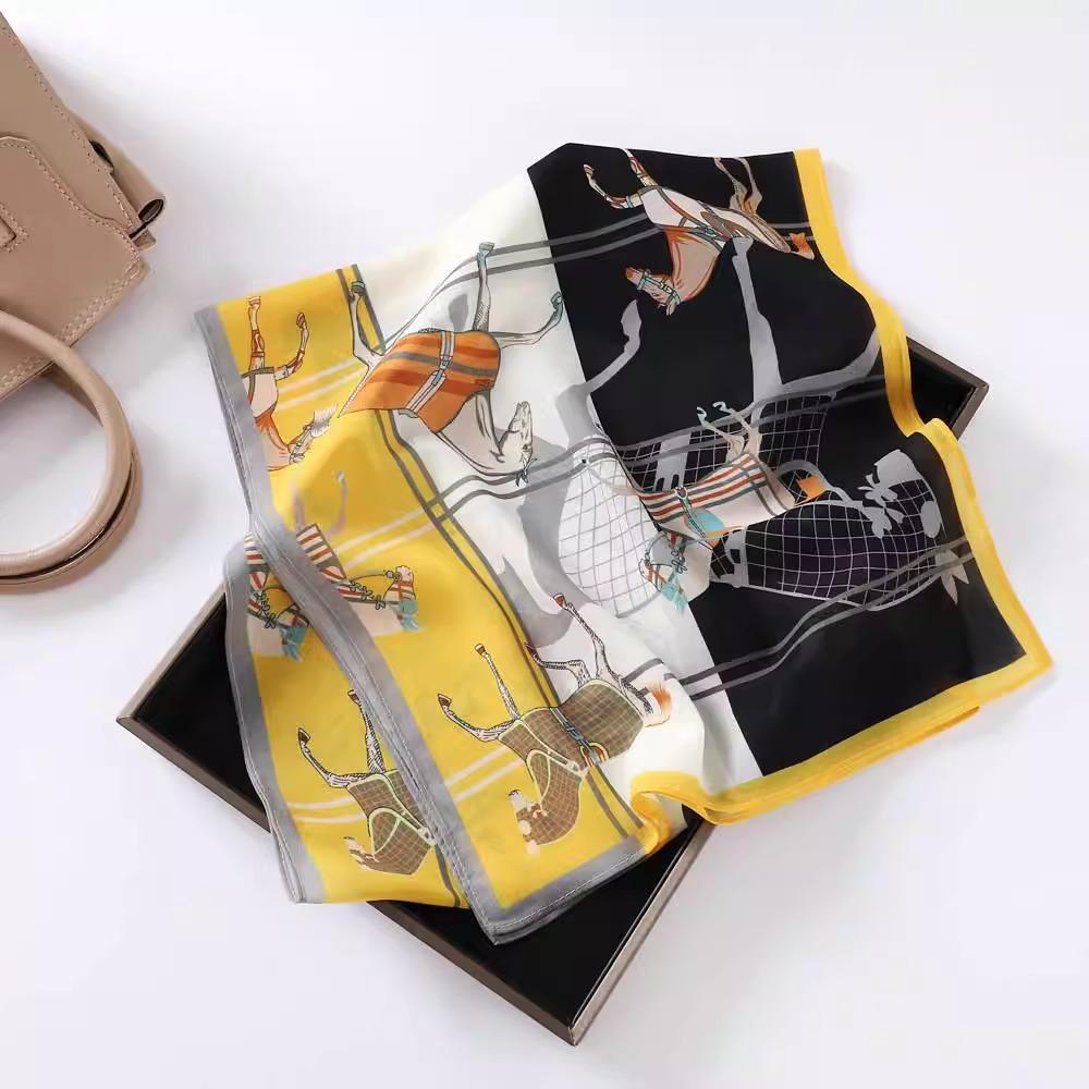 Fashion new long silk scarf women's Korean version line printing simulation silk medium length thin scarf sunscreen shawl