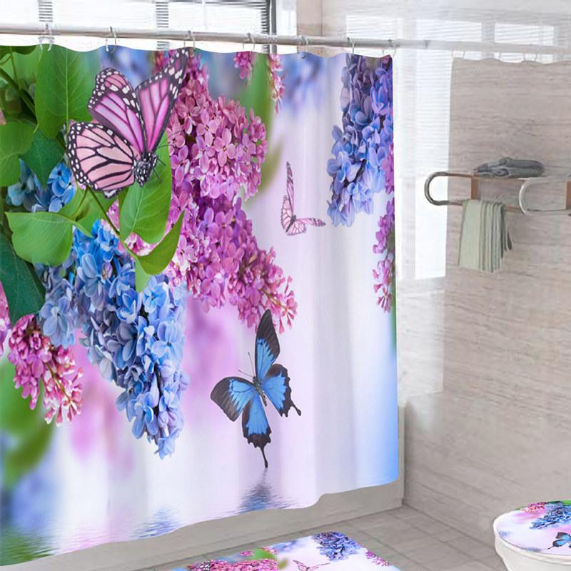 

Butterfly Bath Curtain 3D Print Flowers Modern Bath Mat Set Waterproof Carpet High Quality Toilet Rugs Shower Curtain With Hooks W60H190(CM)-1 Pcs