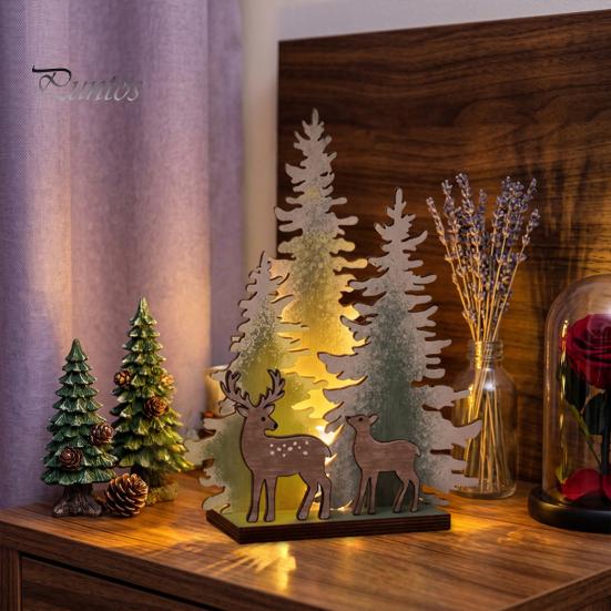 Exquisite Wood Craft Wooden Christmas Tree Table Decor with LED Light, Rustic Standing Sign Party Supplies Reindeer Santa Claus for Holiday