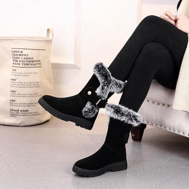 Winter Damenstiefel Lässig Warmes Fell Mid-Calf Stiefel Schlupfrunde Zehen Keilabsatz Schneestiefel Bequem